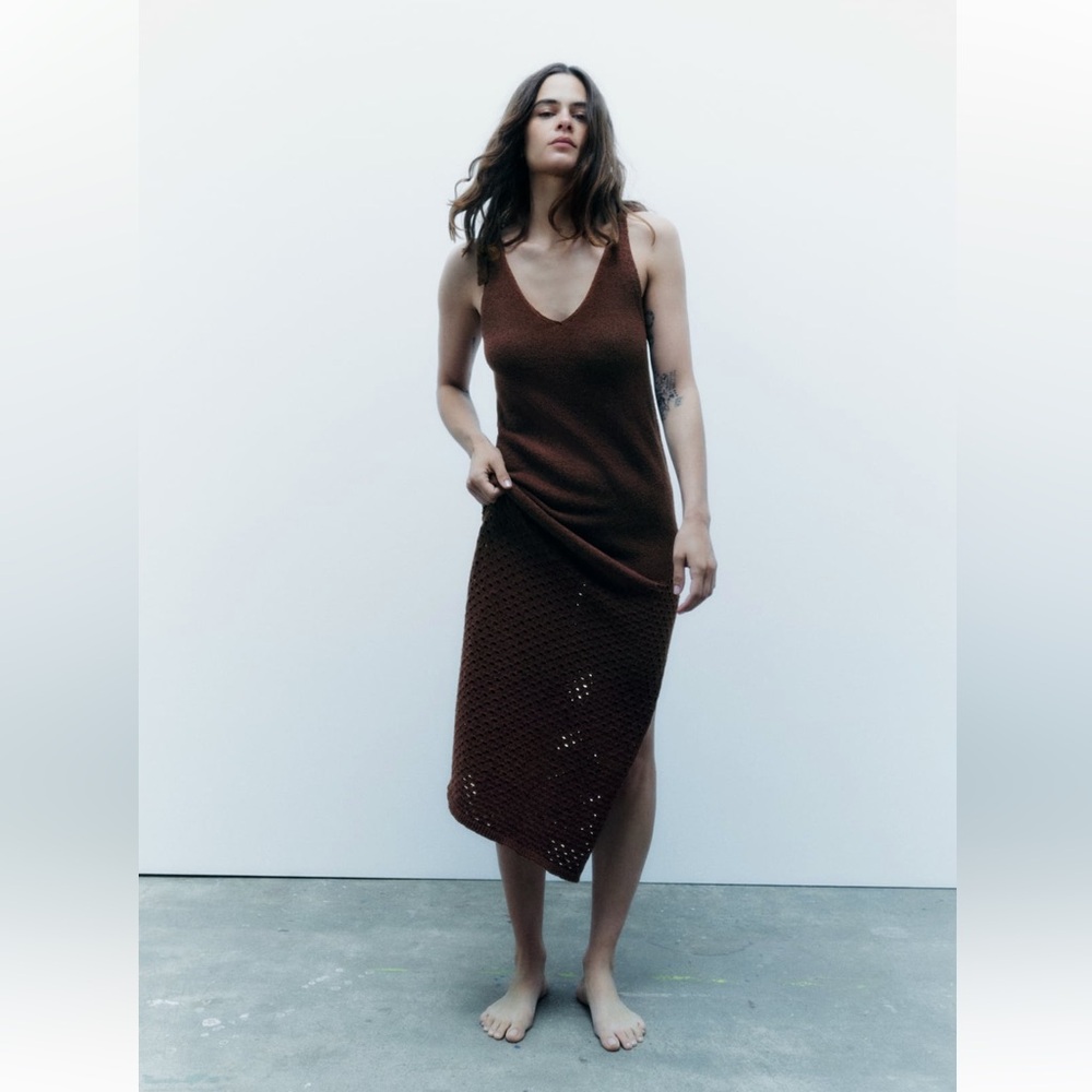 Zara TIED KNIT DRESS. Brown. Size S. New with Tags.